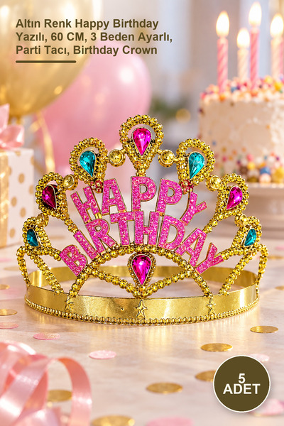 Yenilig 5 Birthday Crowns – Gold Color with Happy Birthday Written, 60 Cm, 3 ...