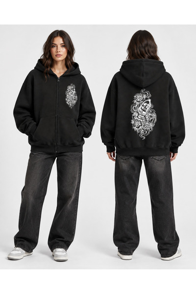 Dupe Design Hanorac unisex gotic supradimensionat, cu fermoar și glugă, cu imprimeu cu schelet și trandafiri, îmbrăcăminte gotică de stradă, negru