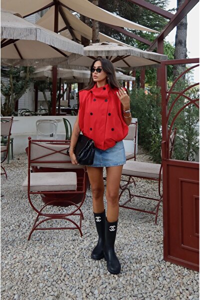 Havoş Red Pleated Buttoned Vest Trench Coat