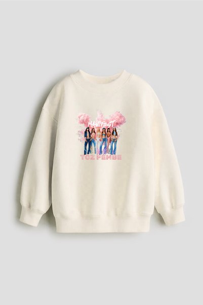 No9Wear Manifest Grubu Toz pembe Basklı Kız Çocuk Sweatshirt 4-14 Yaş