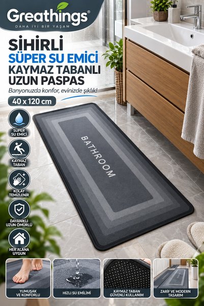 Greathings 40x120 cm Gri Sihirli Su Emici Banyo Paspası Kaymaz Tabanlı Hızlı ...