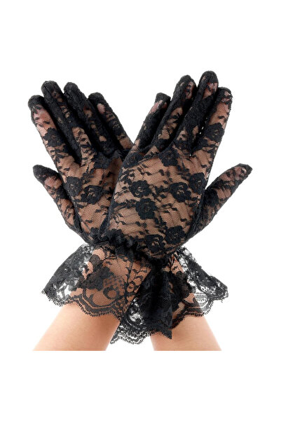 Hediye Rüzgarı Short Length Guipure Black Polka Dot Tulle Gloves – Stylish and Elegant Costume Accessory