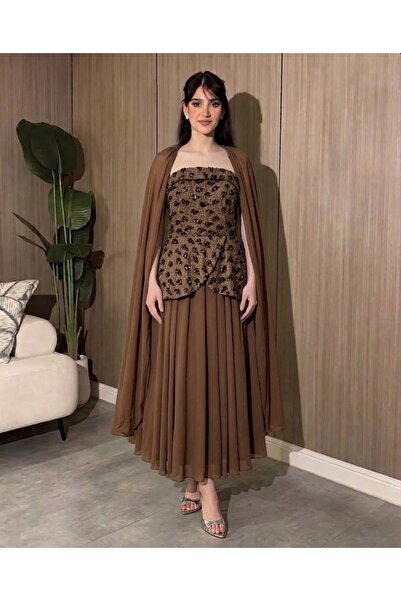 Zahia1 فستان سهرة ميدي بشال