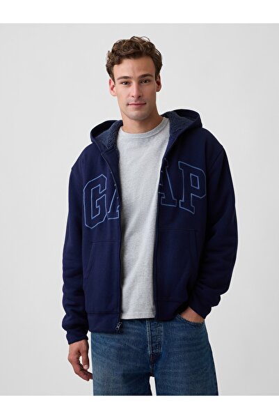 GAP Erkek Lacivert Relaxed Logo Sherpa Astarlı Fermuarlı Sweatshirt