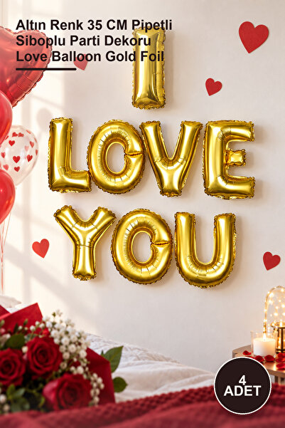 Yenilig 4 Pieces I Love You Foil Balloon – Gold Color 35 cm with Straw and Va...