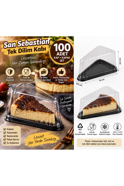 Ambalajım San Sebastian Tek Dilim Pasta Kabı Kapaklı 100 Adet – Cheesecake ve...