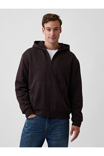 GAP Erkek Kahverengi Relaxed Logo Sherpa Astarlı Fermuarlı Sweatshirt