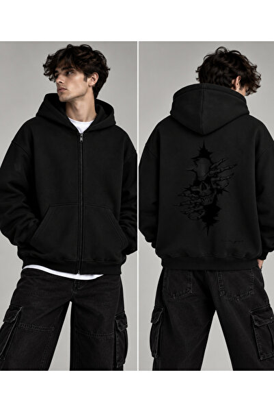 Dupe Design Unisex Σκούρο Γοτθικό Oversize Ζακέτα με φερμουάρ και κουκούλα, Μ...