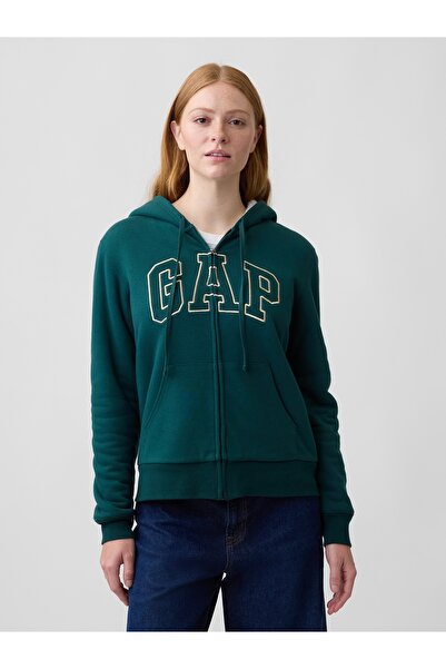 GAP Kadın Koyu Yeşil Relaxed Logo Sherpa-Astarlı Fermuarlı Sweatshirt