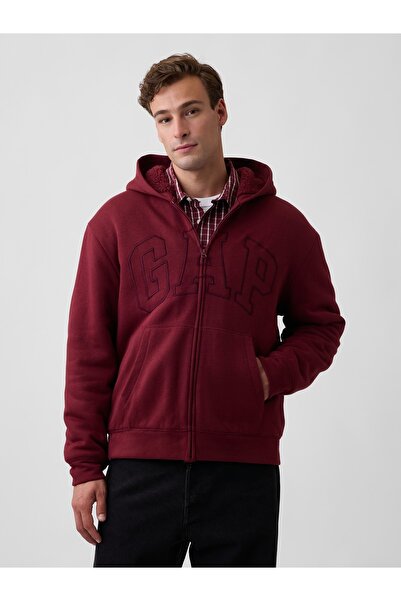 GAP Erkek Bordo Relaxed Logo Sherpa Astarlı Fermuarlı Sweatshirt
