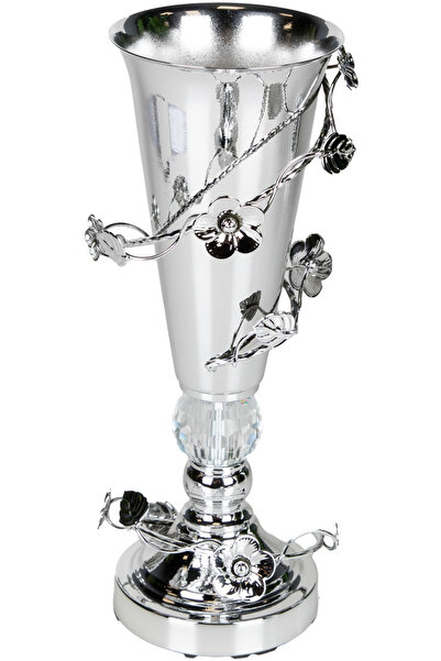 Herdekora Dekoratif Metal Vazo Kristal Taşlı Gümüş 14x33 Cm.