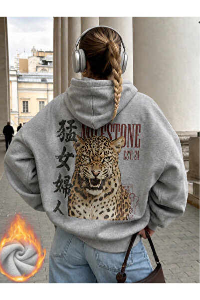 Framgan Unisex Erkek/Kadın Özel Leopar Baskılı Kapüşonlu Pamuklu Sweatshirt