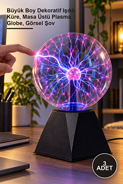 3 Adet Tesla Plazma Küre – Büyük Boy Dekoratif Işıklı Küre, Masa Üstü Plasma Globe, Görsel Şov