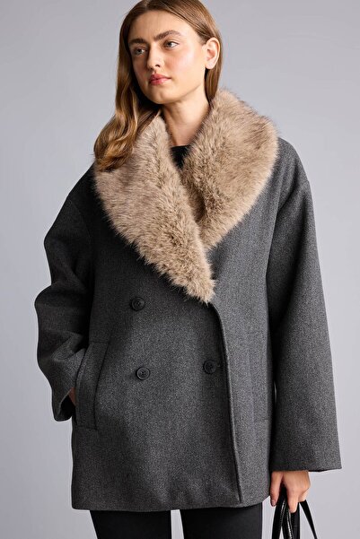 DeFacto Fur Collared Double-Breasted Regular Fit Cashmere Coat H8597Ax26Wn
