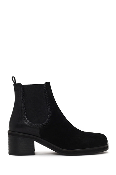 Derimod Women's Black Thick Heeled Suede Leather Chelsea Boots Wf170029Ds