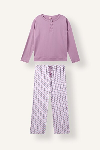 DeFacto Relaxed Fit Long Sleeve Buttoned Patterned Pajama Set H9099Ax26Au