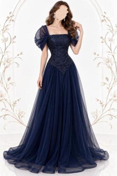 ALPHALUNA Navy Tulle Evening Dress