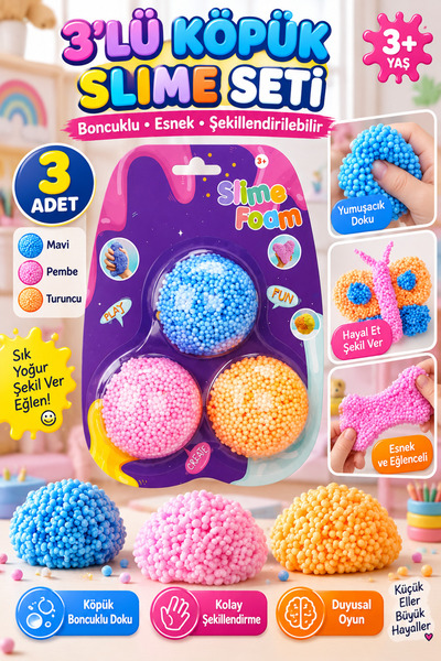 Tamsena Store 3'lü Köpük Slime Seti – Renkli Boncuklu Şekillendirilebilir Duy...