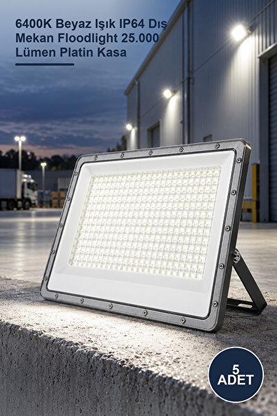 5 Adet CT-4664B Ct-4664 300W Slim LED Projektör – 6400K Beyaz Işık IP64 Dış Mekan Floodlight 25.000 Lümen Platin Kasa