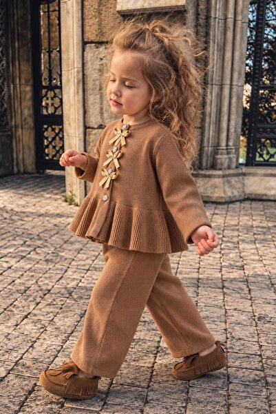 Minigimin Cicileri Ruffled Knitwear with Bow and Stone Button Detail for Girl...