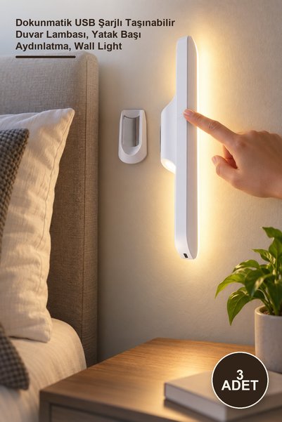 Yenilig 3 Adet CT-5249 Martı LED Aplik – Dokunmatik USB Şarjlı Taşınabilir Du...