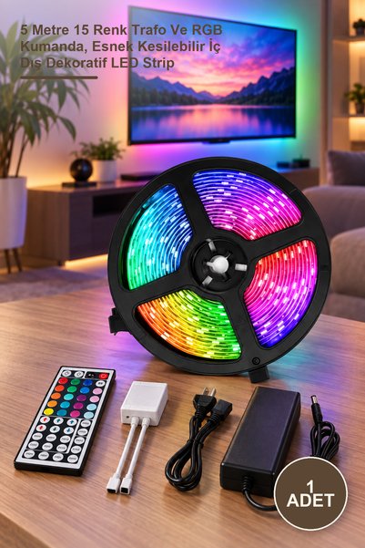 Yenilig 1 Adet CT-4558 RGB Şerit LED Seti – 5 Metre 15 Renk Trafo Ve RGB Kuma...