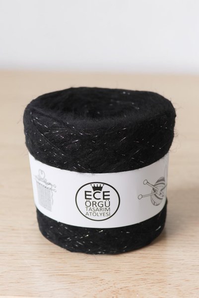 Ece Örgü Tasarım Atölyesi Black, Double-Layered Angora with Black Viscose Wrapped Around It, Silver Glitter Design Knitting Yarn Set (Total 500 Gr.)