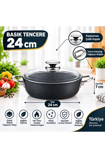FMS Galaxy Granite Flat Pot 24 cm Metal |   Non-Stick Coating | 4mm |   Durab...