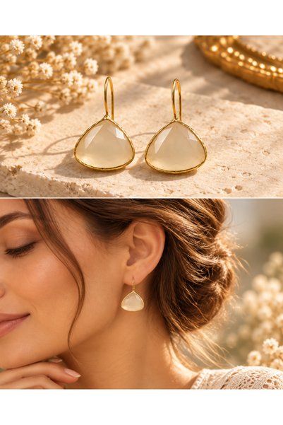 Trinkacollection Gold Çerçeveli Üçgen Taşlı Sallantılı Küpe – Renkli Taşlı Za...