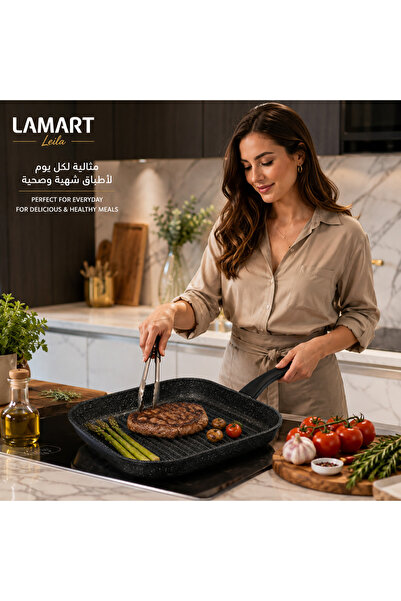 LAMART Leila Grill Pan 26cm, Black Non-Stick Ribbed Grill Frying Pan for Grilling Meat, Vegetables and Everyday Cooking