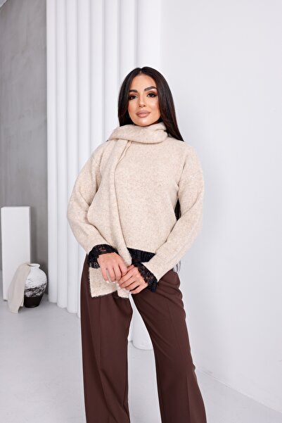 For Angels Pulover cu mâneci din dantelă și guler din dantelă