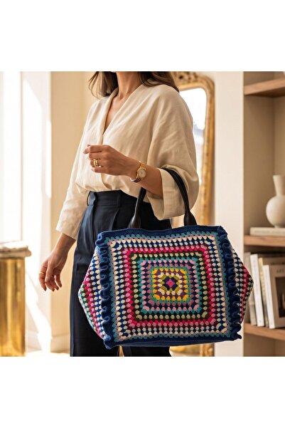 Crochet Bilgen El Yapımı Renkli Örgü Büyük Boy Seyahat Çantası 70x35 cm Astarlı