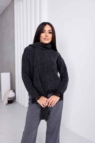 For Angels Pulover cu mâneci din dantelă și guler din dantelă