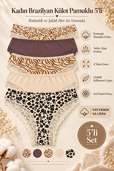 Nicoletta Women's Brazilian Panties 5 Pack Lycra Cotton Lace