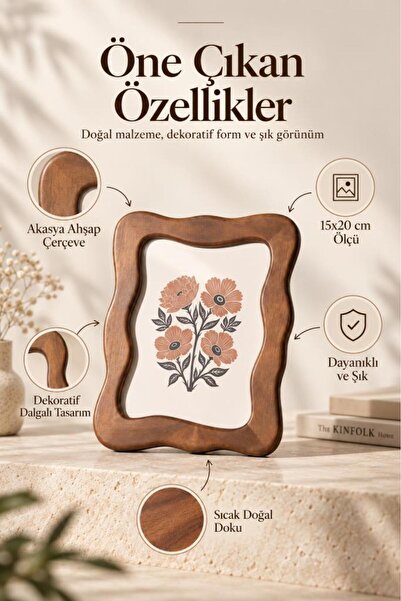 Atbyhome Doğal Masif Akasya Ağacı Dalgalı Fotoğraf Çerçevesi 15x20 cm - Masa Ve Konsol Üstü Ahşap Resim Çerçevesi