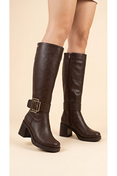 Moda Lime Women's Leather Look Large Buckle Detailed Zippered Thick Heeled Be...