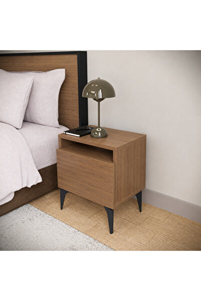 Golden Bark Nightstand with Drawer, Sleek and Functional in White and Black