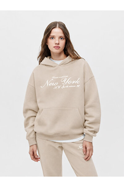 HAI COLLECTİON Kadın 3 İplik Yazı Baskılı Kapüşonlu Sweatshirt – Oversize Kan...