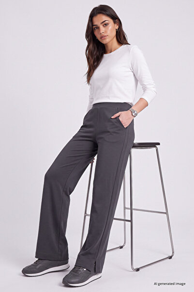TOMMY LIFE Dark Gray Wide-Leg Pleated Women's Trousers - 94688
