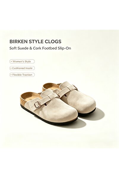 BIRKENSTOK Beige strap suede wooden clogs,soft cow-suede slip-on closed-toe c...