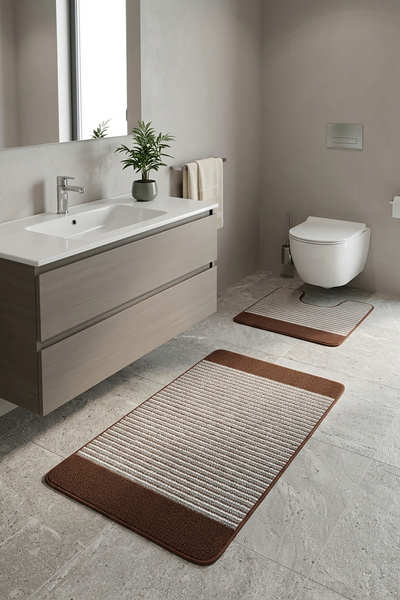 barsin home Kahverengi Starloop Çizgi Desenli 2'li Takım Banyo Paspası Su Emi...