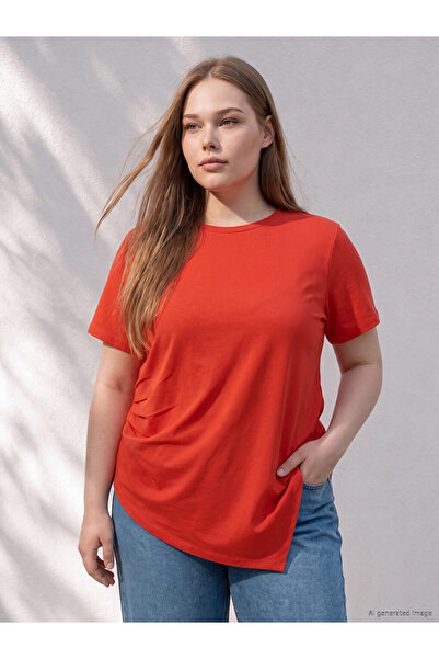 LC Waikiki Ozmarka New Season Red Plus Size Gathered Blouse
