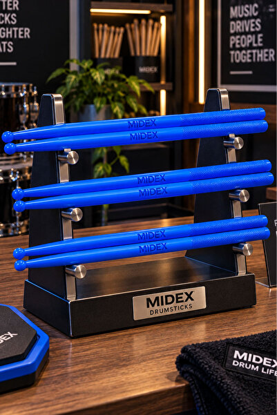 Midex GFK-801BL-3X 5A Bateri Baget Kırılmaz Polyemid Mavi Renk Davul Bageti 5...