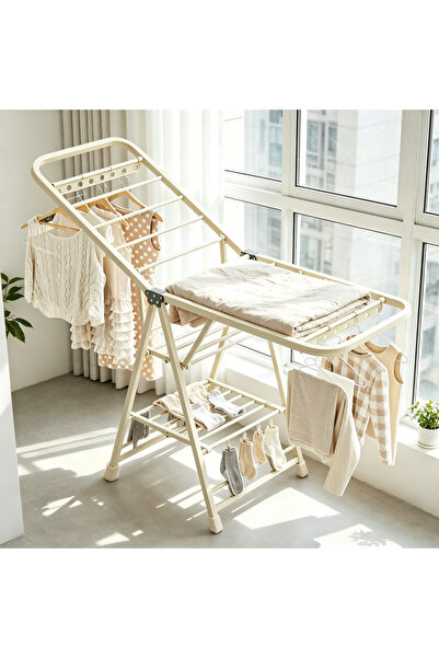 BESTONE 160cm Cream White Foldable Wing Clothes Drying Rack with Hidden Caste...