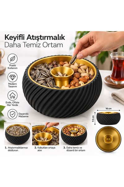 PİYATECH Çekirdek ve Kuruyemiş Kasesi 2 Bölmeli – Kabuk Atık Hazneli, Çerez S...