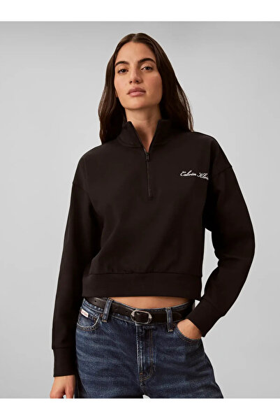 Calvin Klein HEAVY JERSEY 1/4 ZIP, UB1 Siyah Kadın Sweatshirt