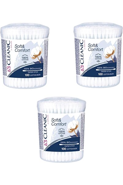 Cleanic Soft & Comfort Cotton Buds, Pack of 3 (3 x 100 Pieces) | 100% Pure Cotton Tips | Biodegradable Paper Sticks | Soft & Absorbent | Round Storage Box | Ear Care, Makeup Removal & Baby Care