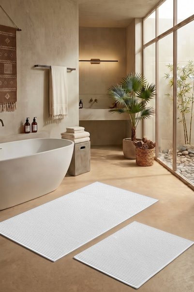 Halispecial Liora White Cotton Soft 2-Piece Bath Mat (60X100+50X60 cm) Non-Slip Base Washable Modern