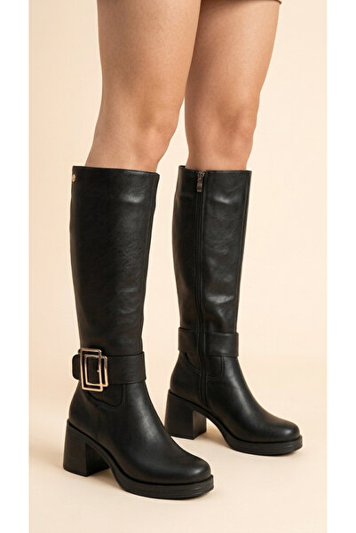 Moda Lime Women's Leather Look Large Buckle Detailed Zippered Thick Heeled Be...