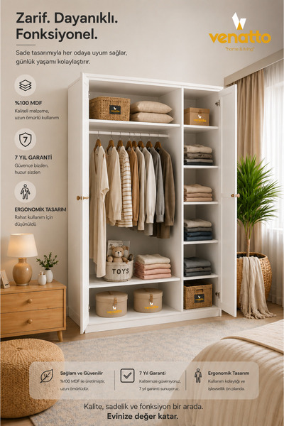 VENATTO smart L 3 kapaklı aynalı dolap/gardırop (%100mdf)